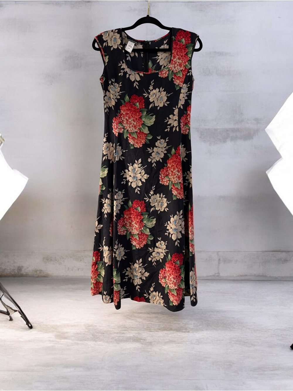 Jones New York Black Maxi Dress with Red & Cream Floral Print
